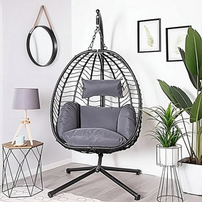 Mora Hanging Rattan Egg Chair, A Grey 1 Seater Swing Chair & Cocoon With Deep Padded Back & Side Cushions