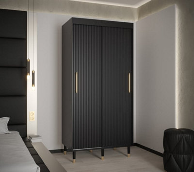 Mora I Contemporary 2 Sliding Door Wardrobe Gold Handles 5 Shelves 2 Hanging Rails Woden Legs Black (H)2080mm (W)1000mm (D)620mm