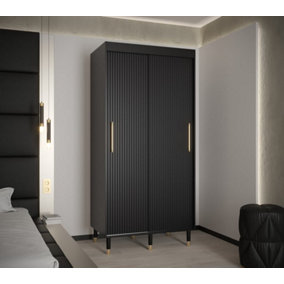 Mora I Contemporary 2 Sliding Door Wardrobe Gold Handles 5 Shelves 2 Hanging Rails Woden Legs Black (H)2080mm (W)1000mm (D)620mm