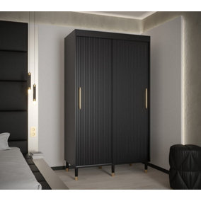 Mora I Contemporary 2 Sliding Door Wardrobe Gold Handles 5 Shelves 2 Hanging Rails Woden Legs Black (H)2080mm (W)1200mm (D)620mm