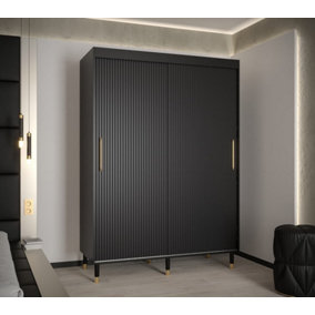 Mora I Contemporary 2 Sliding Door Wardrobe Gold Handles 5 Shelves 2 Hanging Rails Woden Legs Black (H)2080mm (W)1500mm (D)620mm