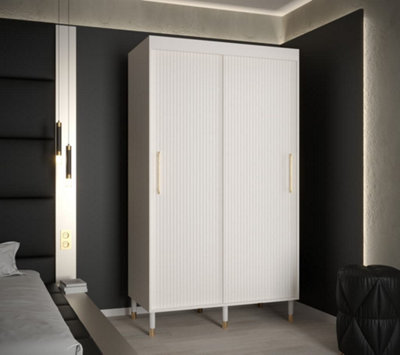 Mora I Contemporary 2 Sliding Door Wardrobe Gold Handles 5 Shelves 2 Hanging Rails Woden Legs White (H)2080mm (W)1200mm (D)620mm