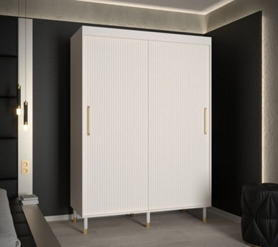 Mora I Contemporary 2 Sliding Door Wardrobe Gold Handles 5 Shelves 2 Hanging Rails Woden Legs White (H)2080mm (W)1500mm (D)620mm