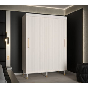 Mora I Contemporary 2 Sliding Door Wardrobe Gold Handles 5 Shelves 2 Hanging Rails Woden Legs White (H)2080mm (W)1500mm (D)620mm