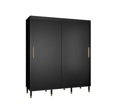 Mora I Contemporary 2 Sliding Door Wardrobe Gold Handles 9 Shelves 2 Hanging Rails Woden Legs Black (H)2080mm (W)1800mm (D)620mm