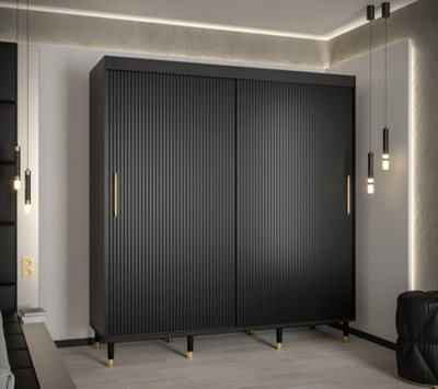 Mora I Contemporary 2 Sliding Door Wardrobe Gold Handles 9 Shelves 2 Hanging Rails Woden Legs Black (H)2080mm (W)2000mm (D)620mm