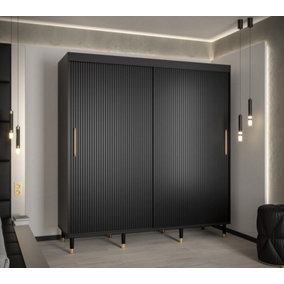 Mora I Contemporary 2 Sliding Door Wardrobe Gold Handles 9 Shelves 2 Hanging Rails Woden Legs Black (H)2080mm (W)2000mm (D)620mm