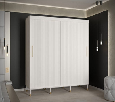 Mora I Contemporary 2 Sliding Door Wardrobe Gold Handles 9 Shelves 2 Hanging Rails Woden Legs White (H)2080mm (W)1800mm (D)620mm