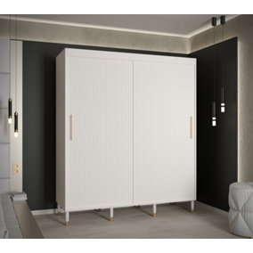 Mora I Contemporary 2 Sliding Door Wardrobe Gold Handles 9 Shelves 2 Hanging Rails Woden Legs White (H)2080mm (W)1800mm (D)620mm