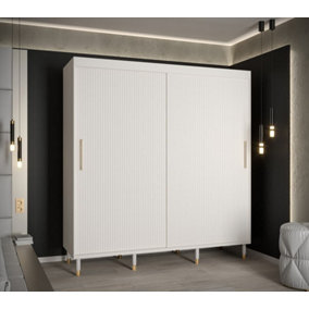 Mora I Contemporary 2 Sliding Door Wardrobe Gold Handles 9 Shelves 2 Hanging Rails Woden Legs White (H)2080mm (W)2000mm (D)620mm