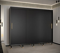 Mora I Contemporary 3 Sliding Door Wardrobe Gold Handles 9 Shelves 2 Hanging Rails Woden Legs Black (H)2080mm (W)2500mm (D)620mm