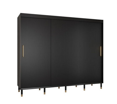 Mora I Contemporary 3 Sliding Door Wardrobe Gold Handles 9 Shelves 2 Hanging Rails Woden Legs Black (H)2080mm (W)2500mm (D)620mm