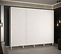 Mora I Contemporary 3 Sliding Door Wardrobe Gold Handles 9 Shelves 2 Hanging Rails Woden Legs White (H)2080mm (W)2500mm (D)620mm