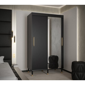 Mora II Modern Mirrored 2 Sliding Door Wardrobe Gold Handles 5 Shelves 2 Rails Wooden Legs Black (H)2080mm (W)1200mm (D)620mm