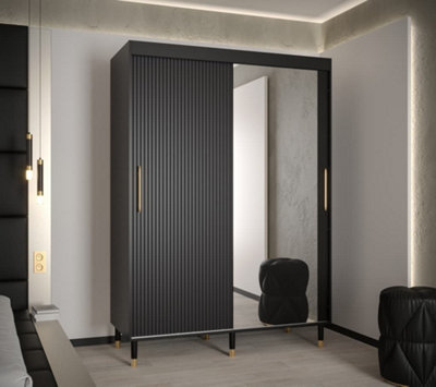 Mora II Modern Mirrored 2 Sliding Door Wardrobe Gold Handles 5 Shelves 2 Rails Wooden Legs Black (H)2080mm (W)1500mm (D)620mm