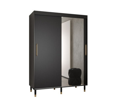 Mora II Modern Mirrored 2 Sliding Door Wardrobe Gold Handles 5 Shelves 2 Rails Wooden Legs Black (H)2080mm (W)1500mm (D)620mm