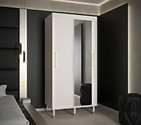 Mora II Modern Mirrored 2 Sliding Door Wardrobe Gold Handles 5 Shelves 2 Rails Wooden Legs White (H)2080mm (W)1000mm (D)620mm