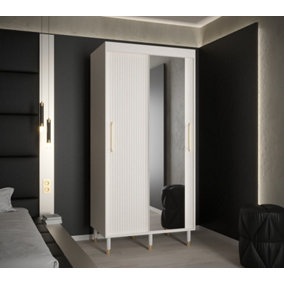 Mora II Modern Mirrored 2 Sliding Door Wardrobe Gold Handles 5 Shelves 2 Rails Wooden Legs White (H)2080mm (W)1000mm (D)620mm