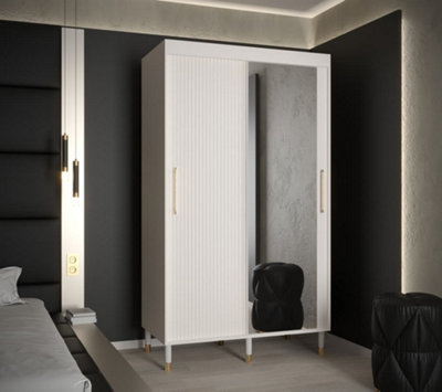 Mora II Modern Mirrored 2 Sliding Door Wardrobe Gold Handles 5 Shelves 2 Rails Wooden Legs White (H)2080mm (W)1200mm (D)620mm