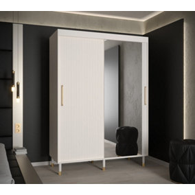 Mora II Modern Mirrored 2 Sliding Door Wardrobe Gold Handles 5 Shelves 2 Rails Wooden Legs White(H)2080mm (W)1500mm (D)620mm