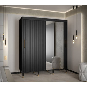 Mora II Modern Mirrored 2 Sliding Door Wardrobe Gold Handles 9 Shelves 2 Rails Wooden Legs Black (H)2080mm (W)1800mm (D)620mm