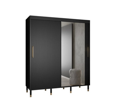 Mora II Modern Mirrored 2 Sliding Door Wardrobe Gold Handles 9 Shelves 2 Rails Wooden Legs Black (H)2080mm (W)1800mm (D)620mm