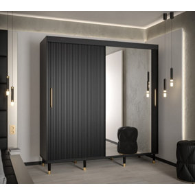 Mora II Modern Mirrored 2 Sliding Door Wardrobe Gold Handles 9 Shelves 2 Rails Wooden Legs Black (H)2080mm (W)2000mm (D)620mm