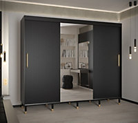 Mora II Modern Mirrored 2 Sliding Door Wardrobe Gold Handles 9 Shelves 2 Rails Wooden Legs Black (H)2080mm (W)2500mm (D)620mm