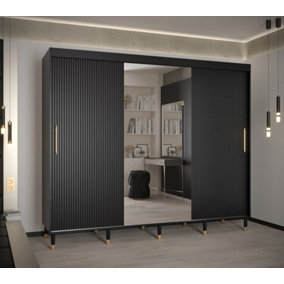 Mora II Modern Mirrored 2 Sliding Door Wardrobe Gold Handles 9 Shelves 2 Rails Wooden Legs Black (H)2080mm (W)2500mm (D)620mm