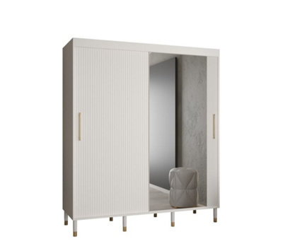Mora II Modern Mirrored 2 Sliding Door Wardrobe Gold Handles 9 Shelves 2 Rails Wooden Legs White (H)2080mm (W)1800mm (D)620mm