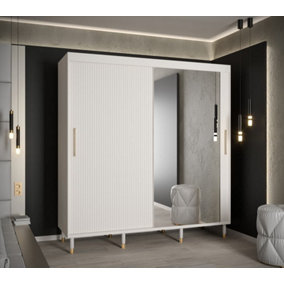 Mora II Modern Mirrored 2 Sliding Door Wardrobe Gold Handles 9 Shelves 2 Rails Wooden Legs White (H)2080mm (W)2000mm (D)620mm