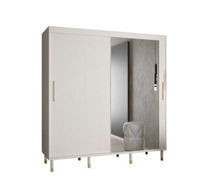 Mora II Modern Mirrored 2 Sliding Door Wardrobe Gold Handles 9 Shelves 2 Rails Wooden Legs White (H)2080mm (W)2000mm (D)620mm