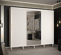 Mora II Modern Mirrored 2 Sliding Door Wardrobe Gold Handles 9 Shelves 2 Rails Wooden Legs White(H)2080mm (W)2500mm (D)620mm
