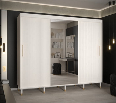 Mora II Modern Mirrored 2 Sliding Door Wardrobe Gold Handles 9 Shelves ...