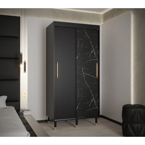 Mora Modern 2 Sliding Marble Effect Door Wardrobe Gold Handles 5 Shelves 2 Rails Wooden Legs Black (H)2080mm (W)1000mm (D)620mm