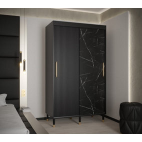 Mora Modern 2 Sliding Marble Effect Door Wardrobe Gold Handles 5 Shelves 2 Rails Wooden Legs Black (H)2080mm (W)1200mm (D)620mm