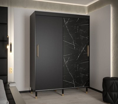 Mora Modern 2 Sliding Marble Effect Door Wardrobe Gold Handles 5 Shelves 2 Rails Wooden Legs in Black H2080mm W1500mm D620mm