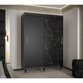 Mora Modern 2 Sliding Marble Effect Door Wardrobe Gold Handles 5 Shelves 2 Rails Wooden Legs in Black H2080mm W1500mm D620mm