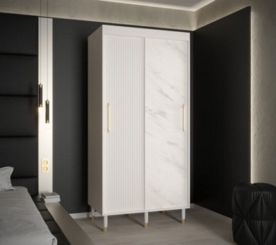Mora Modern 2 Sliding Marble Effect Door Wardrobe Gold Handles 5 Shelves 2 Rails Wooden Legs White (H)2080mm (W)1000mm (D)620mm