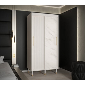 Mora Modern 2 Sliding Marble Effect Door Wardrobe Gold Handles 5 Shelves 2 Rails Wooden Legs White (H)2080mm (W)1000mm (D)620mm