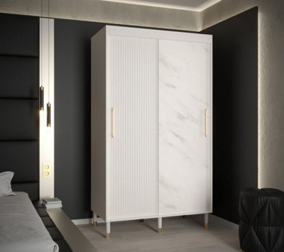 Mora Modern 2 Sliding Marble Effect Door Wardrobe Gold Handles 5 Shelves 2 Rails Wooden Legs White (H)2080mm (W)1200mm (D)620mm