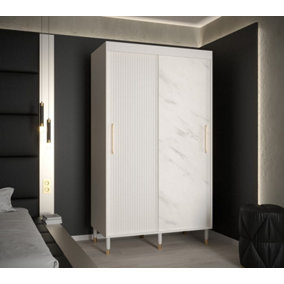 Mora Modern 2 Sliding Marble Effect Door Wardrobe Gold Handles 5 Shelves 2 Rails Wooden Legs White (H)2080mm (W)1200mm (D)620mm