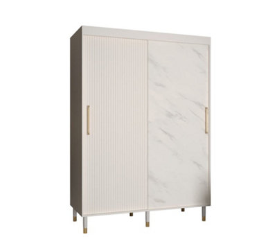 Mora Modern 2 Sliding Marble Effect Door Wardrobe Gold Handles 5 Shelves 2 Rails Wooden Legs White (H)2080mm (W)1500mm (D)620mm