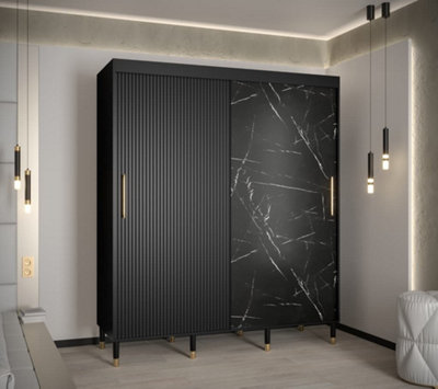 Mora Modern 2 Sliding Marble Effect Door Wardrobe Gold Handles 9 Shelves 2 Rails Wooden Legs Black (H)2080mm (W)1800mm (D)620mm