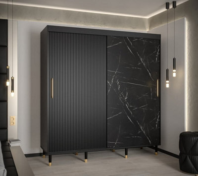 Mora Modern 2 Sliding Marble Effect Door Wardrobe Gold Handles 9 Shelves 2 Rails Wooden Legs Black (H)2080mm (W)2000mm (D)620mm