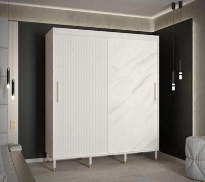 Mora Modern 2 Sliding Marble Effect Door Wardrobe Gold Handles 9 Shelves 2 Rails Wooden Legs White (H)2080mm (W)1800mm (D)620mm