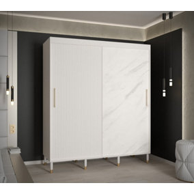 Mora Modern 2 Sliding Marble Effect Door Wardrobe Gold Handles 9 Shelves 2 Rails Wooden Legs White (H)2080mm (W)1800mm (D)620mm