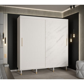 Mora Modern 2 Sliding Marble Effect Door Wardrobe Gold Handles 9 Shelves 2 Rails Wooden Legs White (H)2080mm (W)2000mm (D)620mm