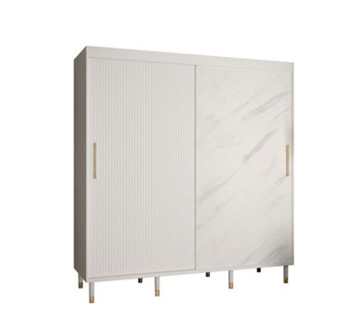 Mora Modern 2 Sliding Marble Effect Door Wardrobe Gold Handles 9 Shelves 2 Rails Wooden Legs White (H)2080mm (W)2000mm (D)620mm