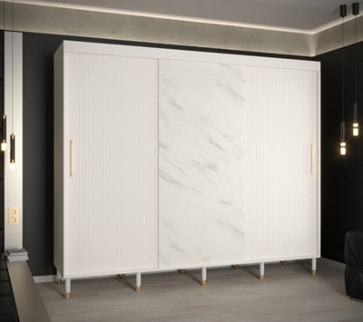 Mora Modern 2 Sliding Marble Effect Door Wardrobe Gold Handles 9 Shelves 2 Rails Wooden Legs White (H)2080mm (W)2500mm (D)620mm